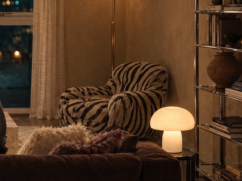 The zebra armchair, framed in the photo of the living room at night