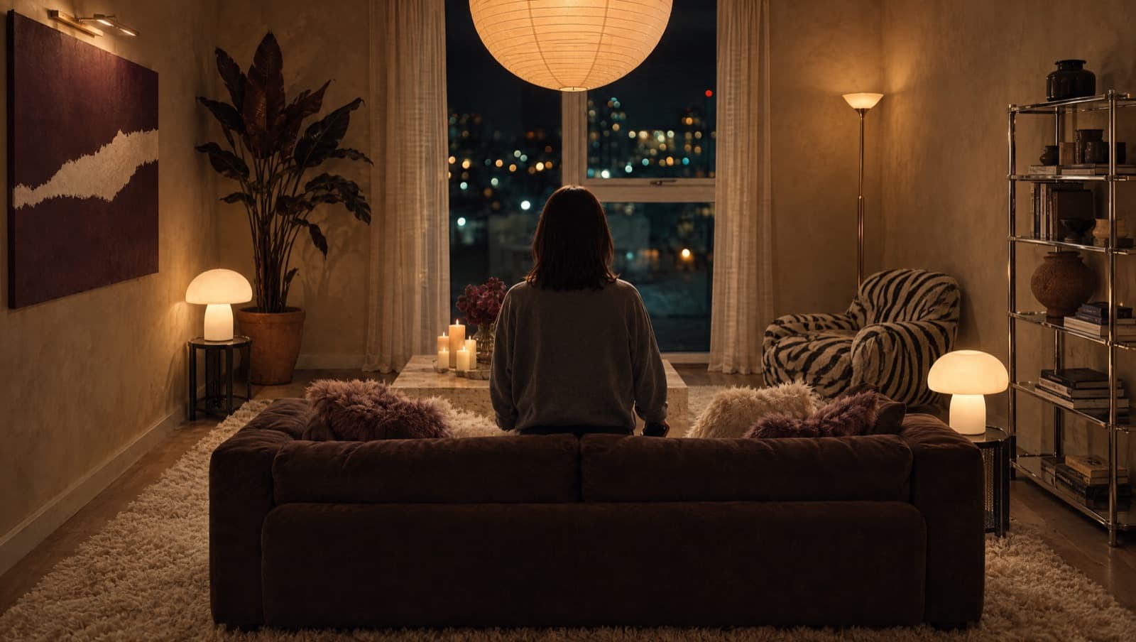 A living room at night with a paper pendant light, a zebra armchair, a travertine coffee table and a chocolate sofa