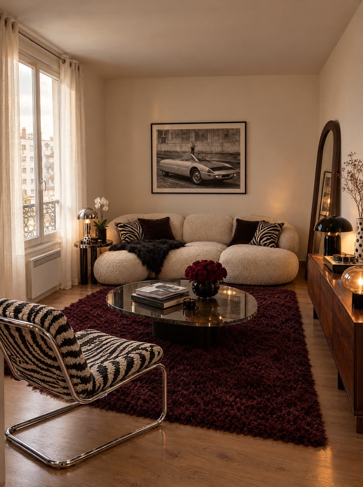 The same living room after: bouclé sofa, zebra armchair, smoked glass coffee table, burgundy rug, walnut sideboard and arched mirror