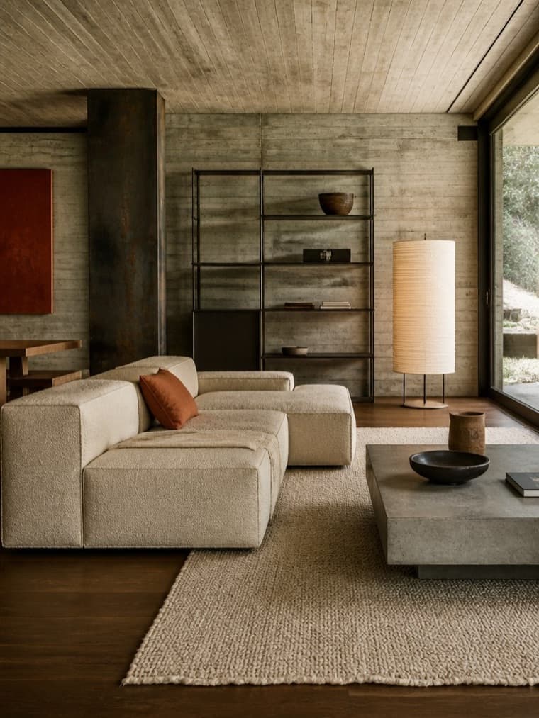 A living room in the Brutalist style