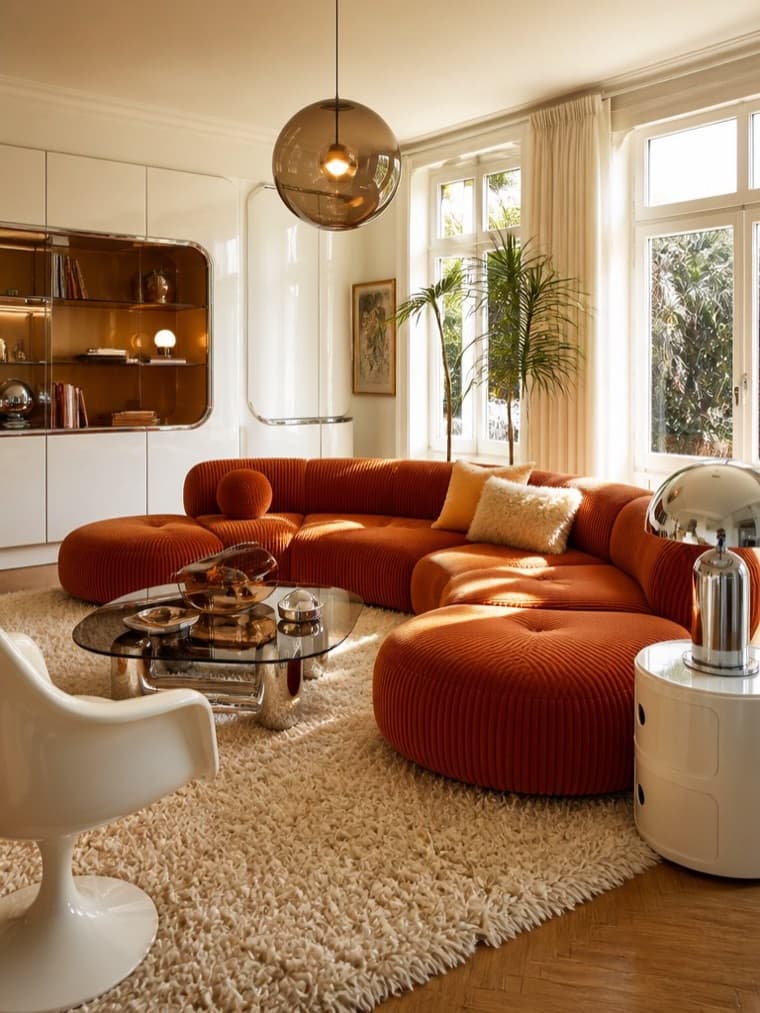 A living room in the Retro Futurism style