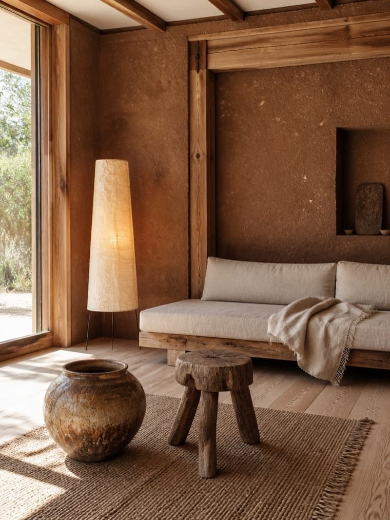 A living room in the Wabi-Sabi style